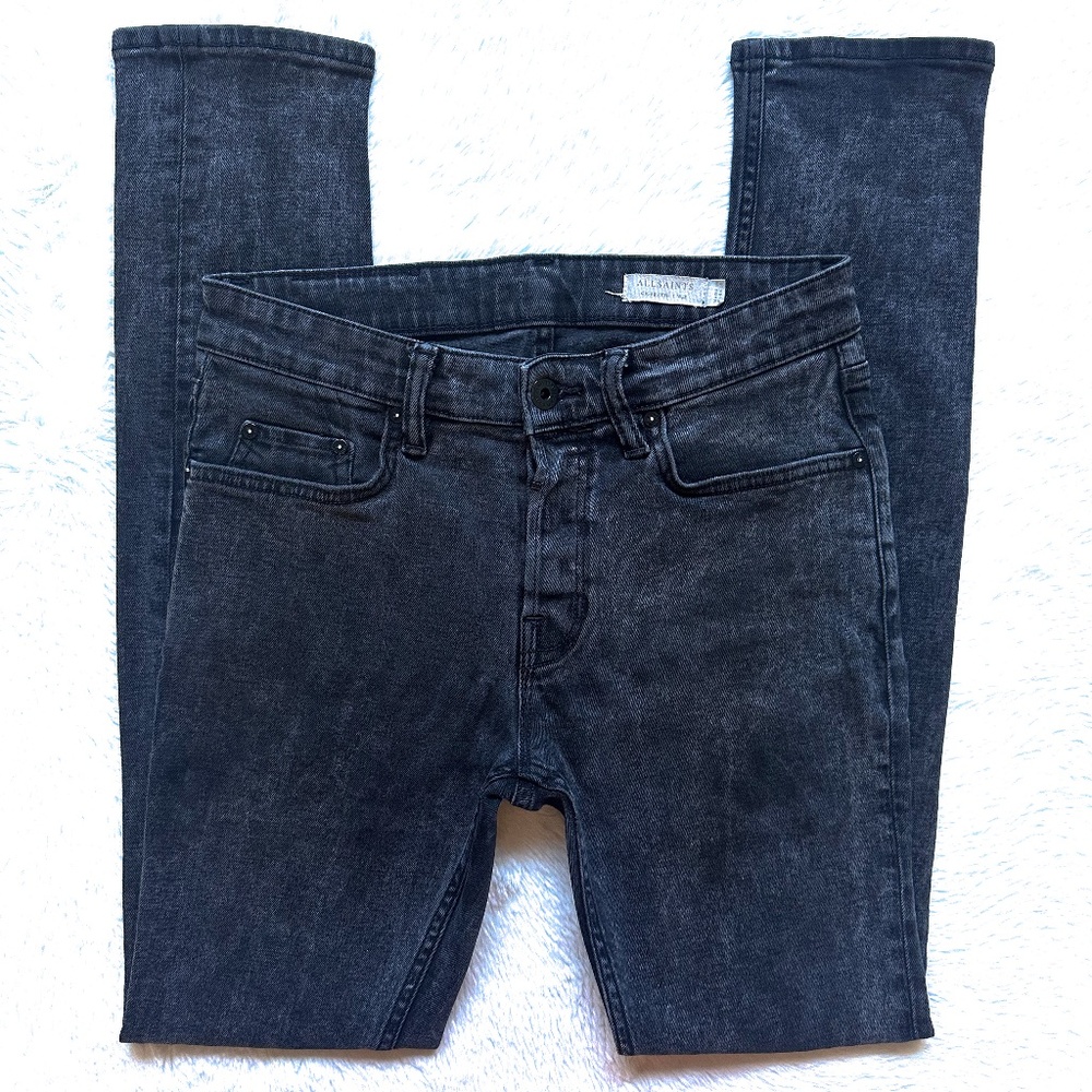 All Saints Cigarette Skinny Charcoal Black Button Fly Lyocell Stretch Jeans